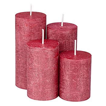 Rustikale Kerzen, rot-metallic, abgestuft, 4 Stück