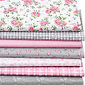 Lot de 7 coupons de tissu patchwork "roses", gris/rose