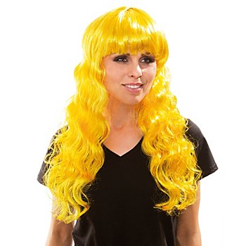 Perruque cheveux ondulés avec frange, jaune
