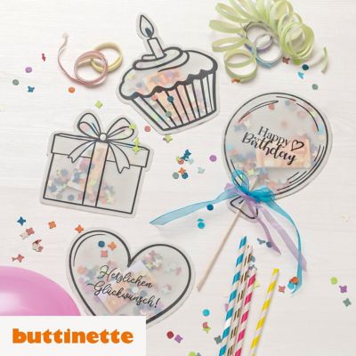 Bastelanleitung Schüttelkarten aus Transparentpapier 'Geburtstag', inkl. Druckvorlagen